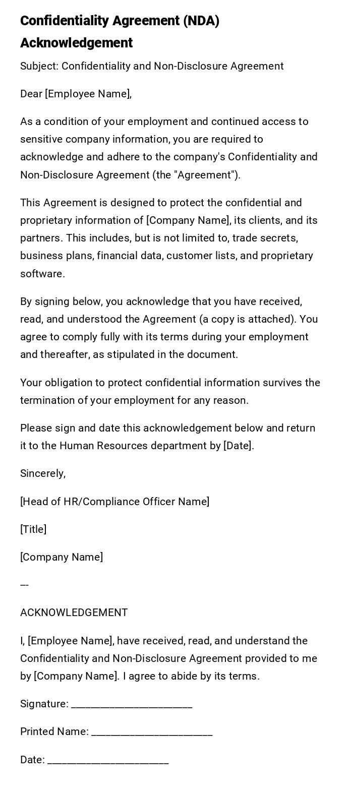 Confidentiality Agreement (NDA) Acknowledgement Confidentiality Agreement (NDA) Acknowledgement