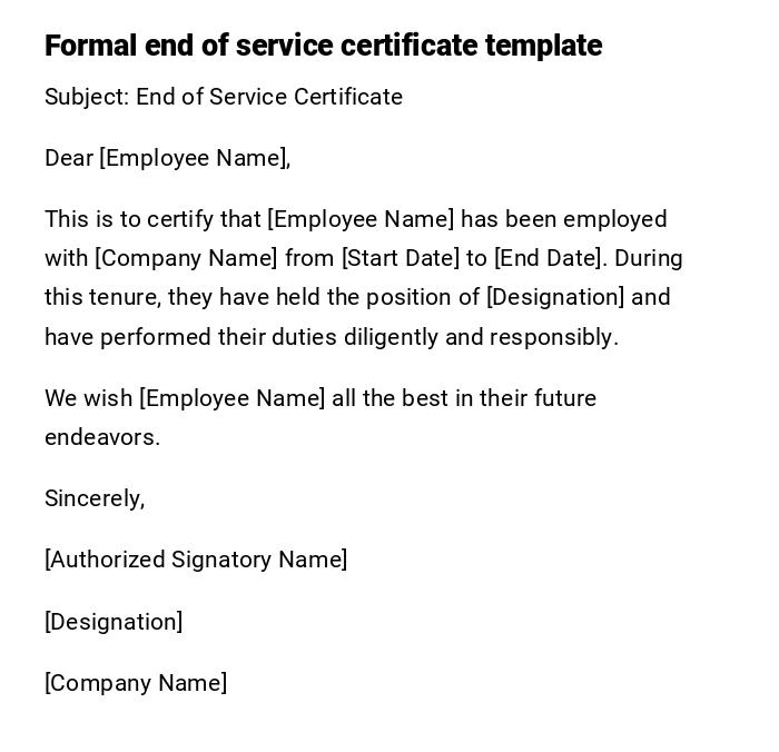 Formal end of service certificate template