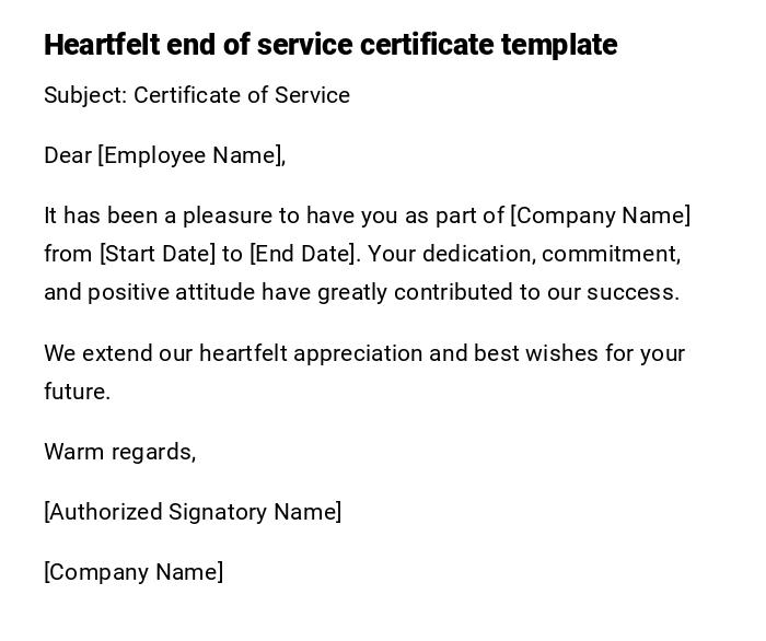 Heartfelt end of service certificate template