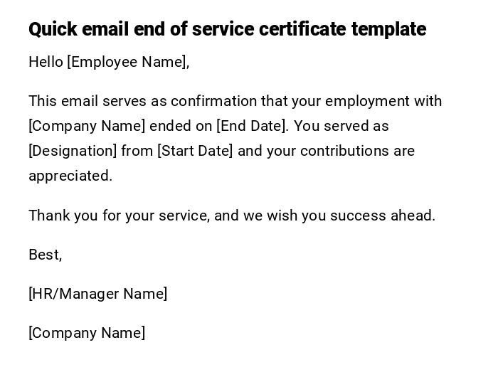 Quick email end of service certificate template