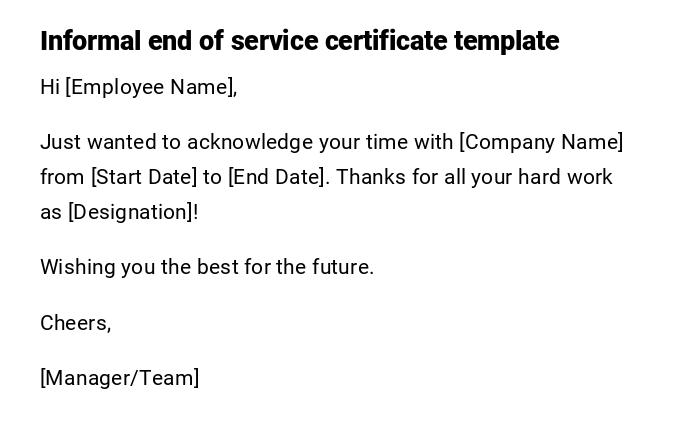 Informal end of service certificate template