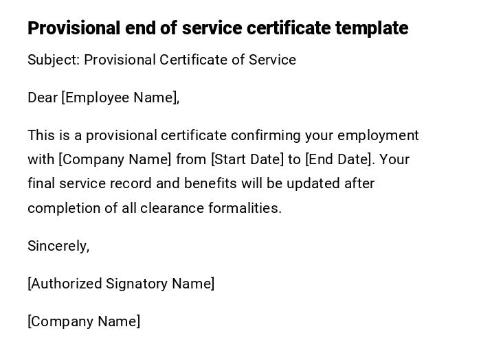Provisional end of service certificate template