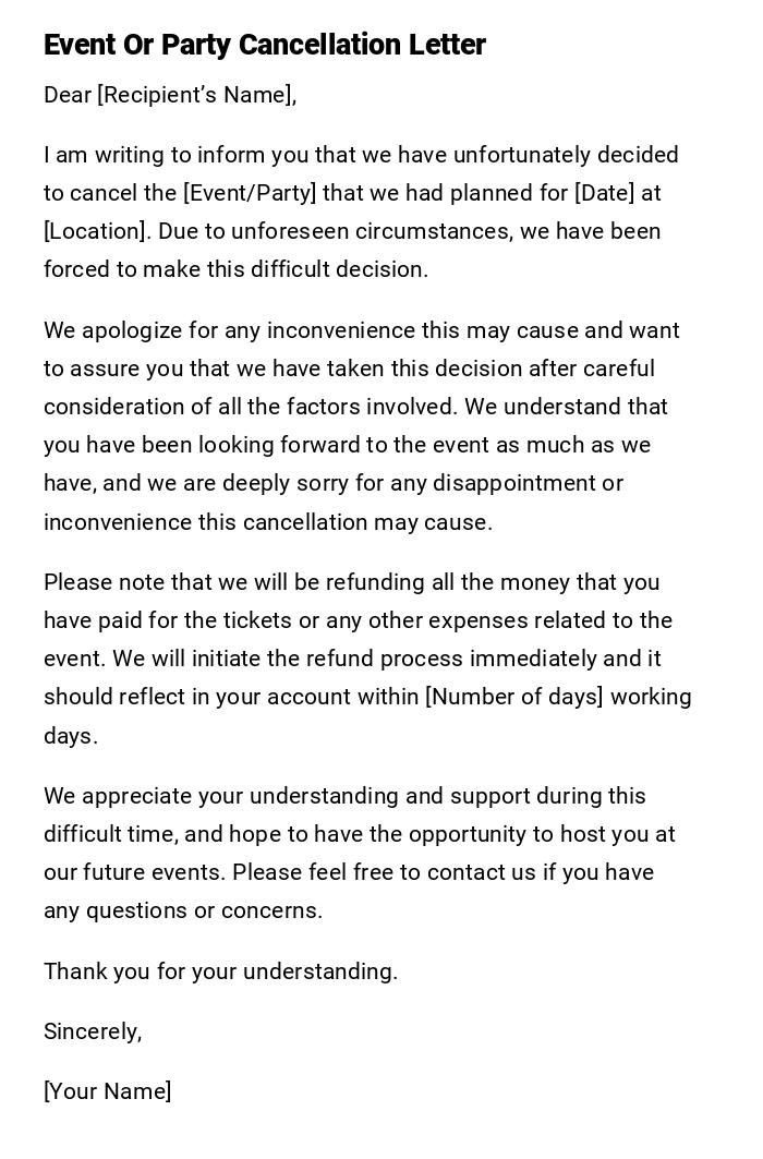 Event Or Party Cancellation Letter