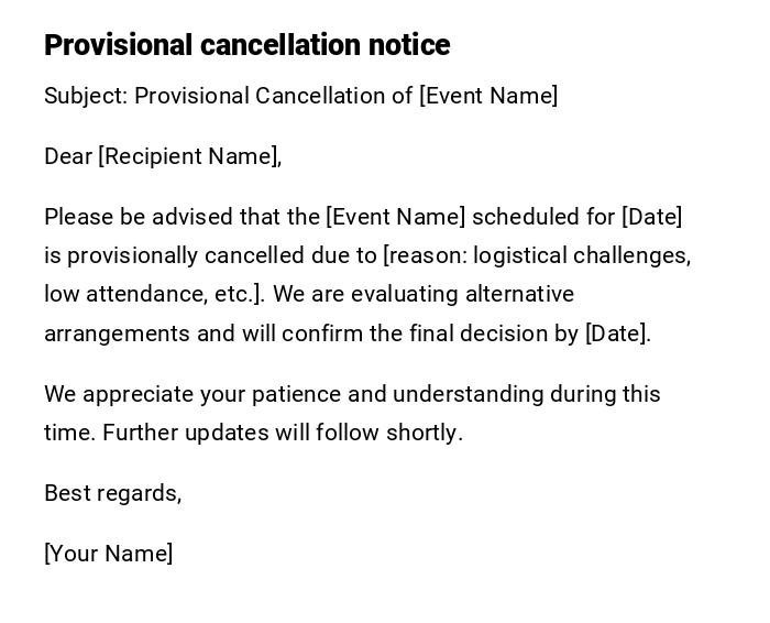 Provisional cancellation notice