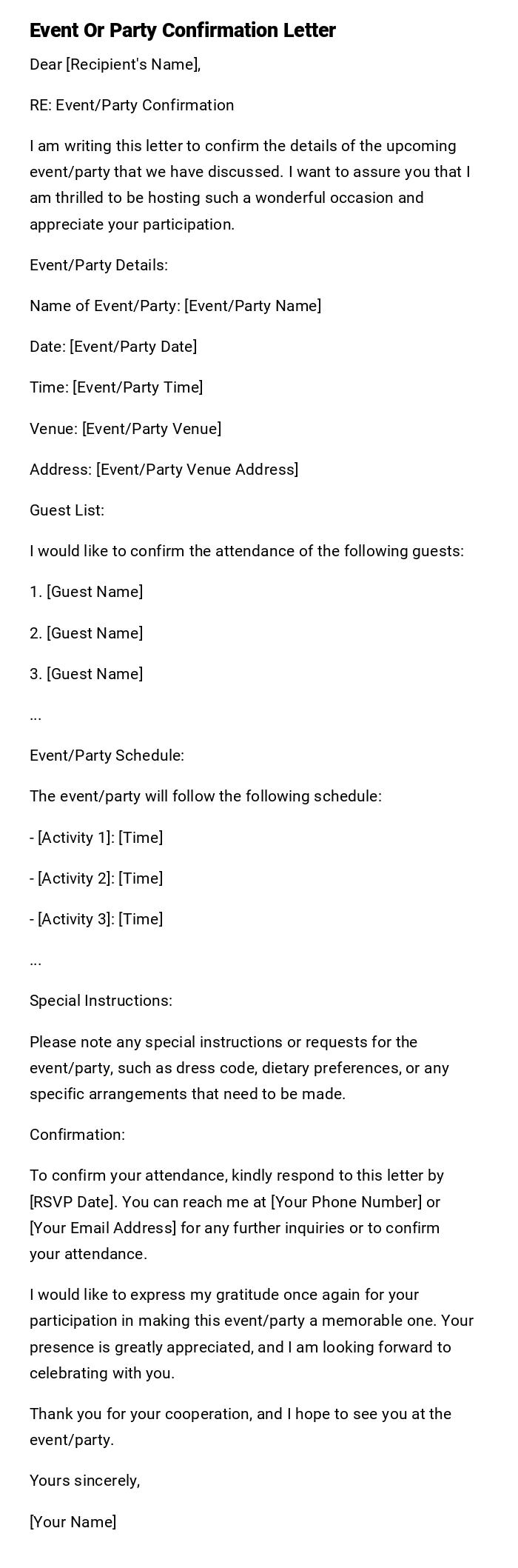Event Or Party Confirmation Letter