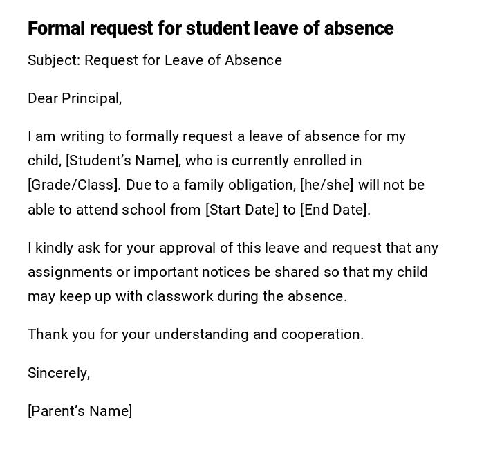 Formal request for student leave of absence