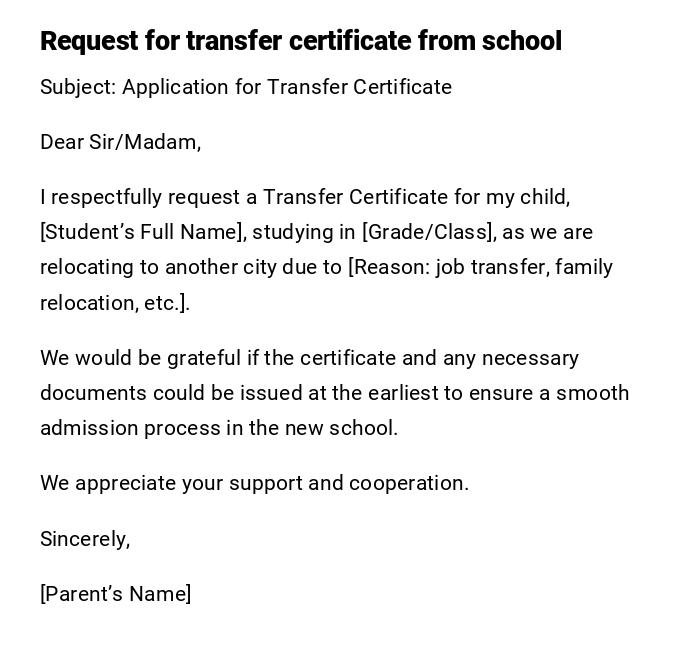 Request for transfer certificate from school