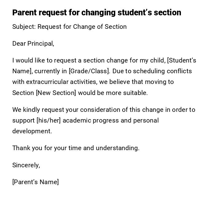 Parent request for changing student’s section