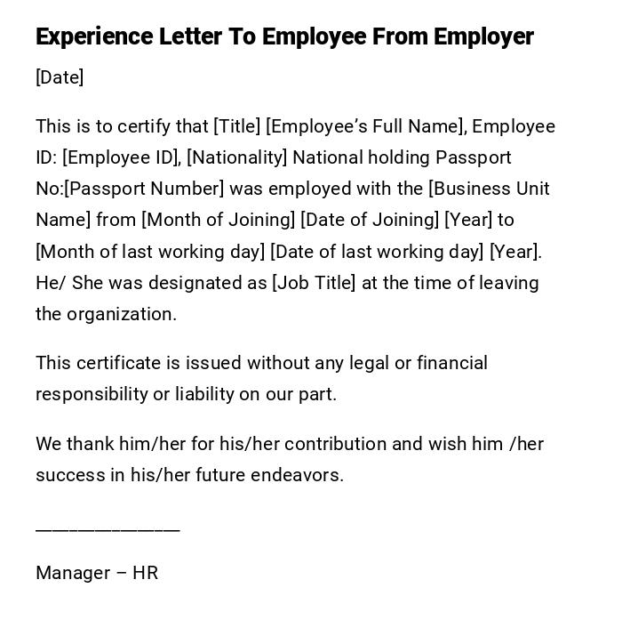 Experience Letter To Employee From Employer
