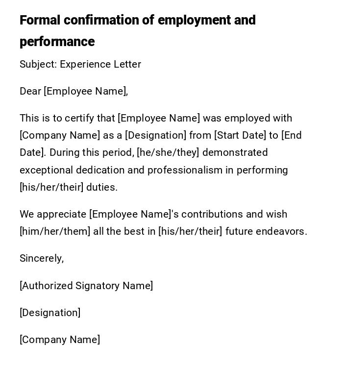 Formal confirmation of employment and performance