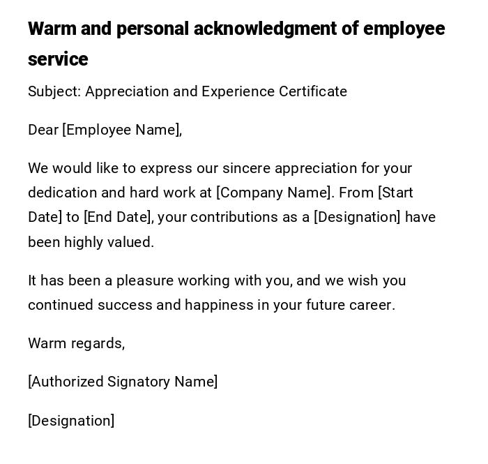 Warm and personal acknowledgment of employee service