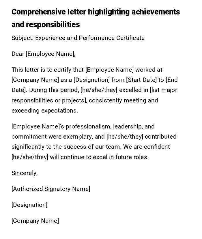 Comprehensive letter highlighting achievements and responsibilities