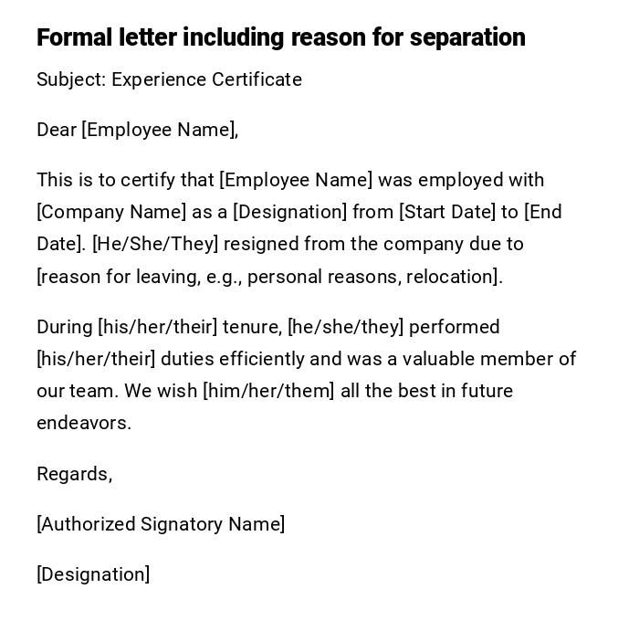Formal letter including reason for separation