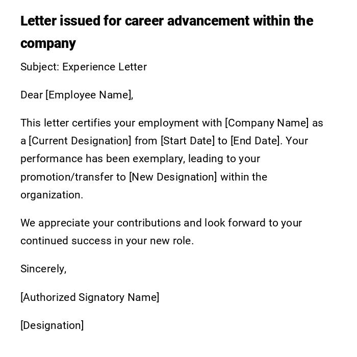 Letter issued for career advancement within the company