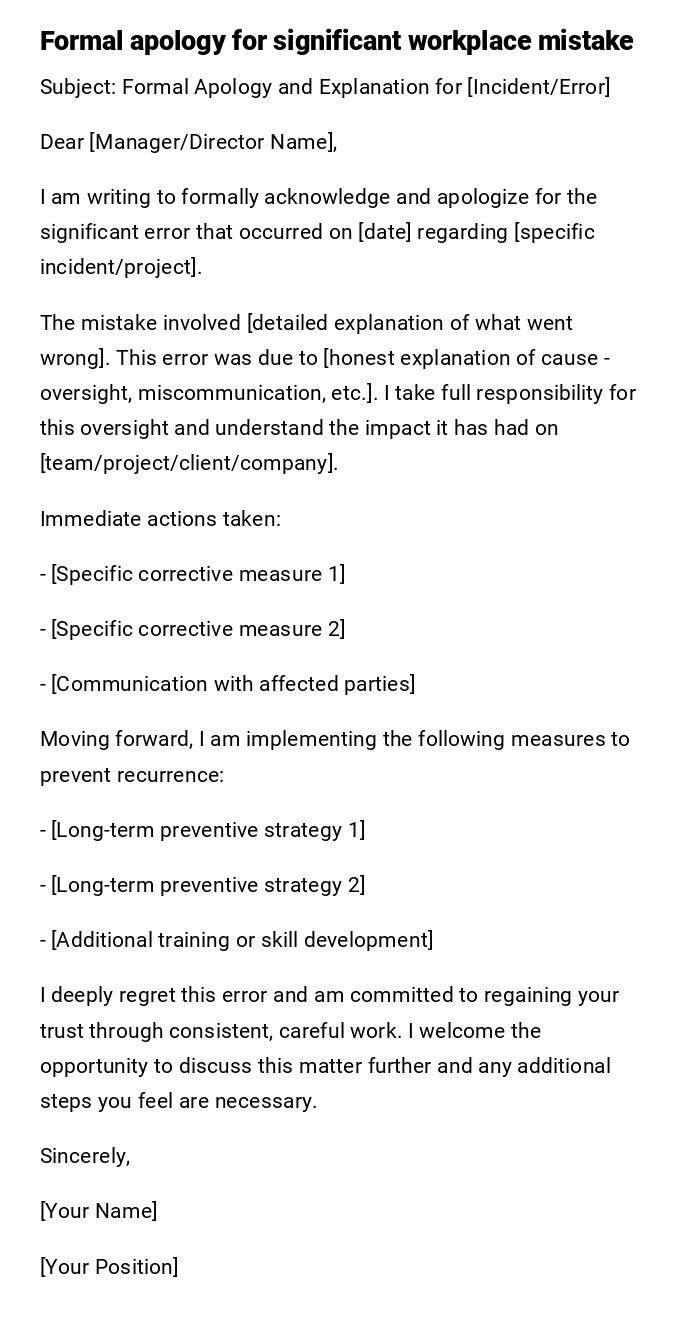 Formal apology for significant workplace mistake