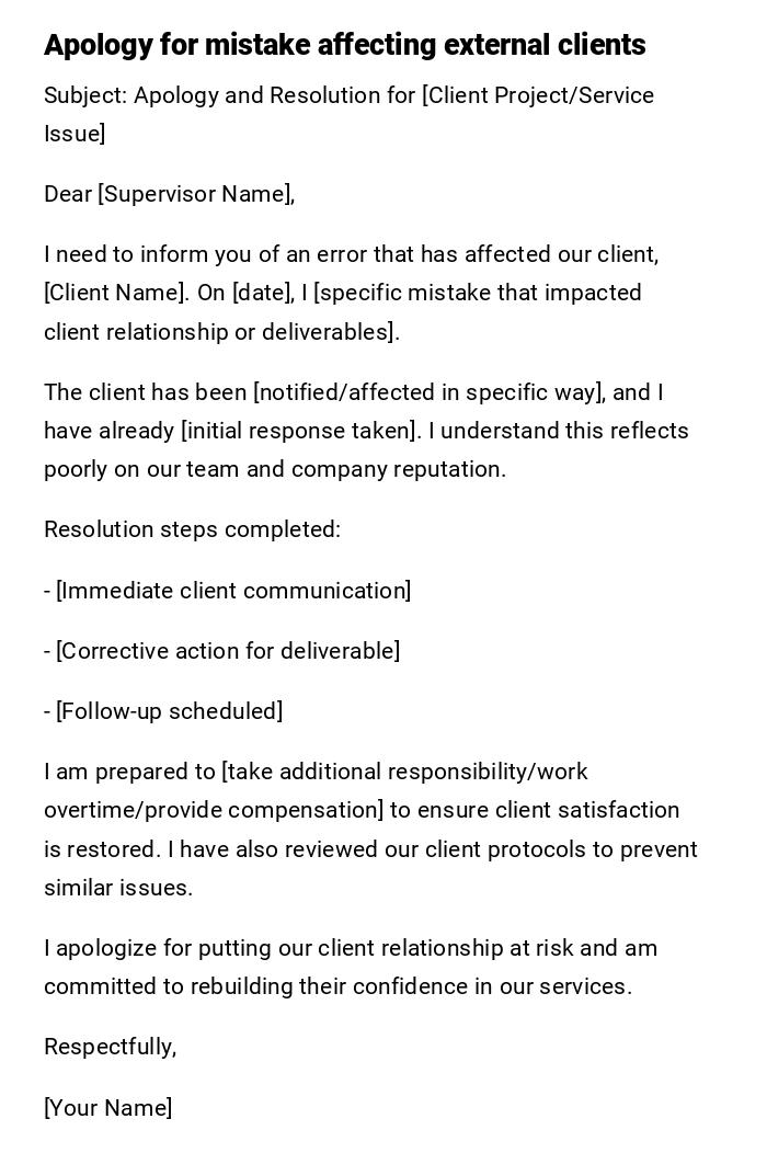 Apology for mistake affecting external clients