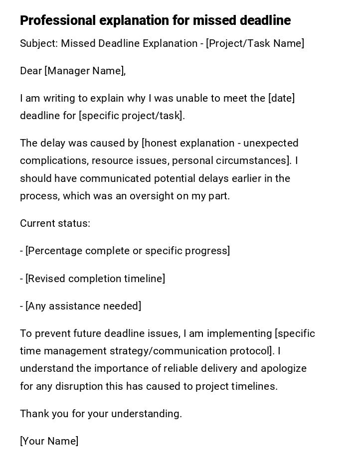 Professional explanation for missed deadline