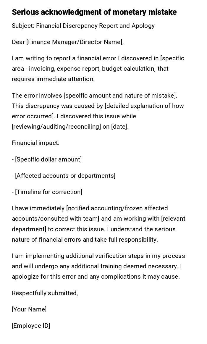 Serious acknowledgment of monetary mistake