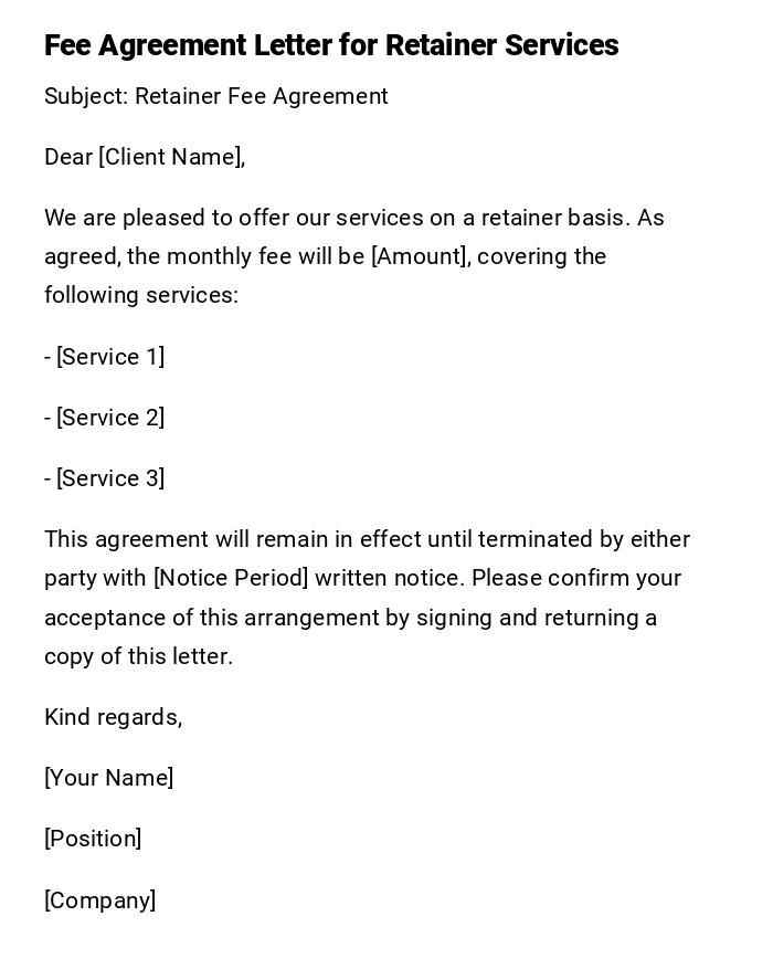 Fee Agreement Letter for Retainer Services