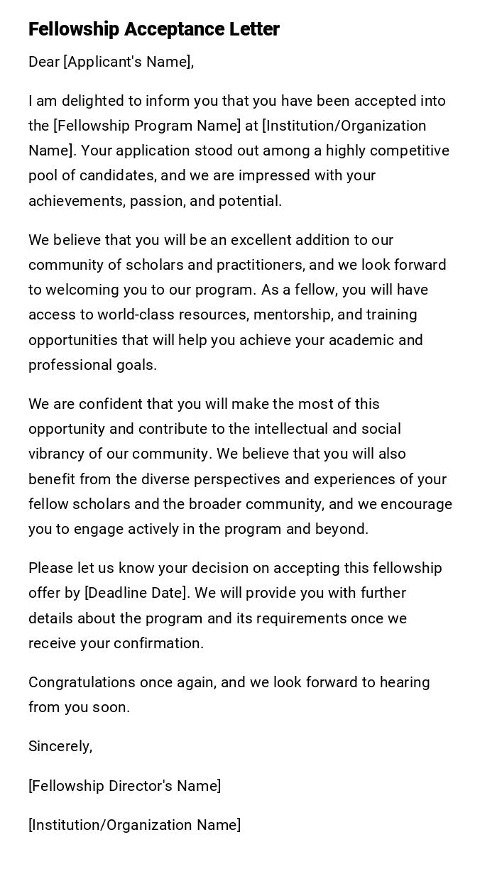 Fellowship Acceptance Letter Fellowship Acceptance Letter