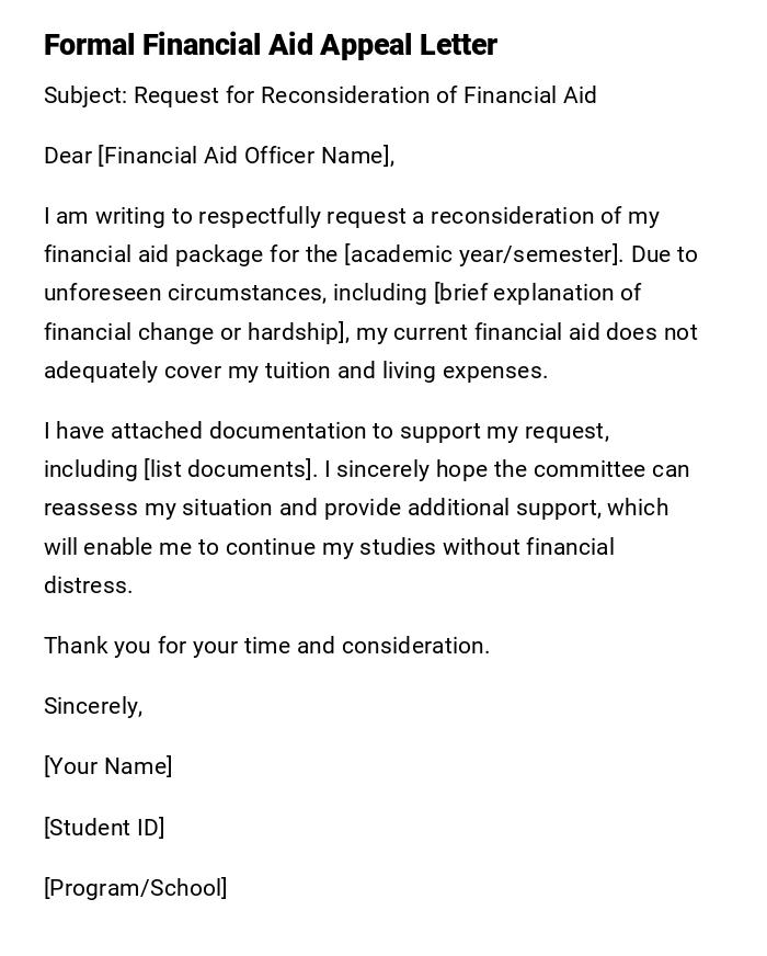 Formal Financial Aid Appeal Letter