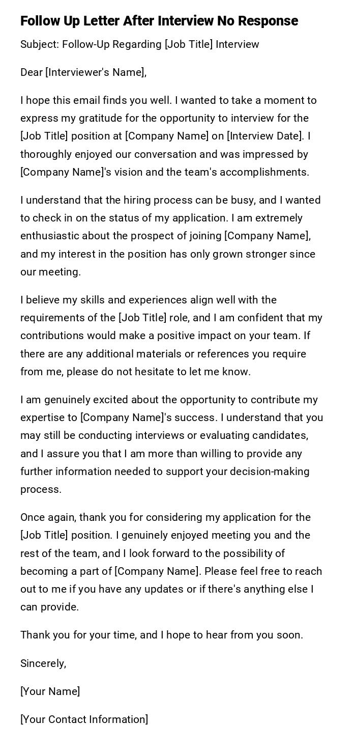 Follow Up Letter After Interview No Response