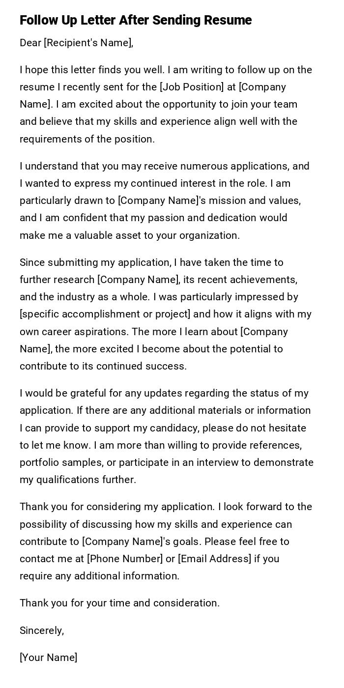 Follow Up Letter After Sending Resume Follow Up Letter After Sending Resume