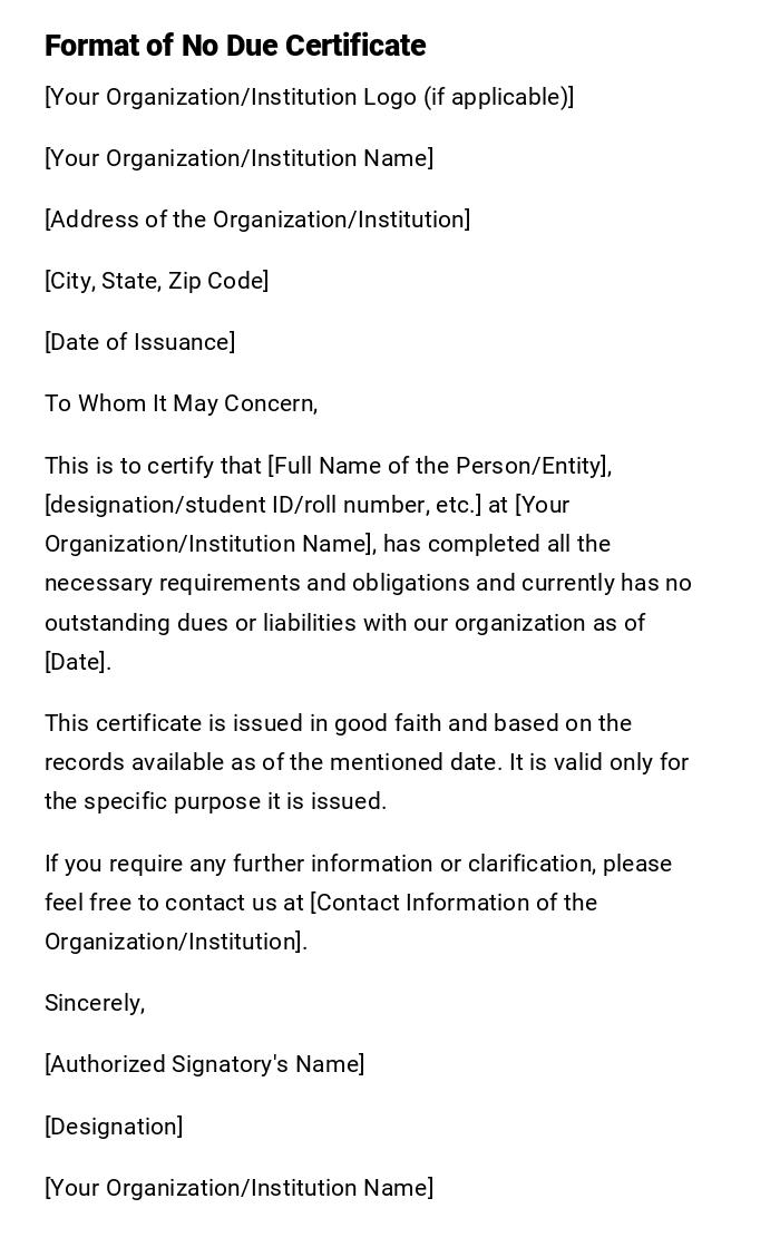 Format of No Due Certificate