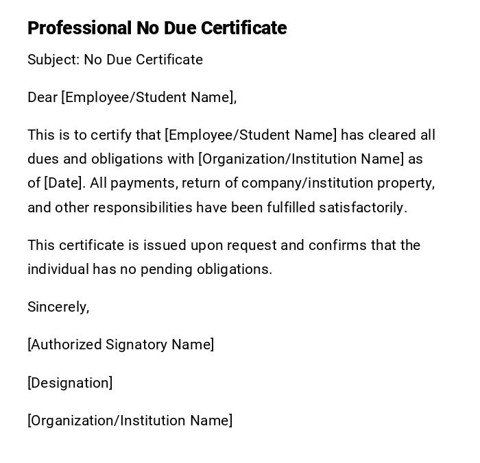 Professional No Due Certificate