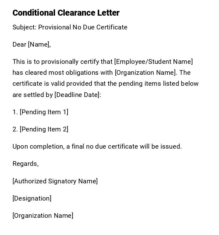 Conditional Clearance Letter