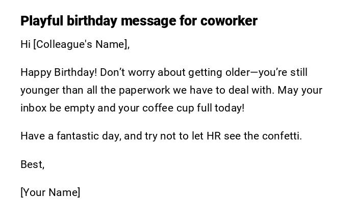 Playful birthday message for coworker