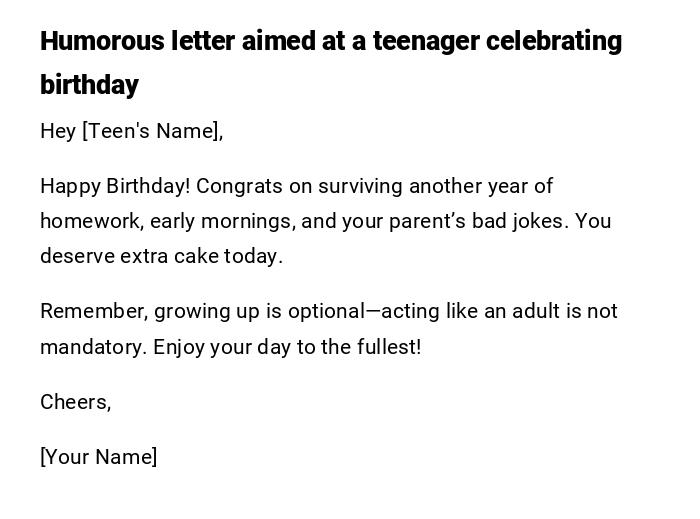 Humorous letter aimed at a teenager celebrating birthday