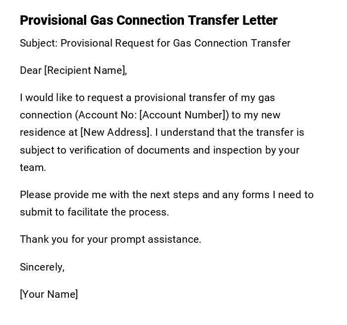 Provisional Gas Connection Transfer Letter