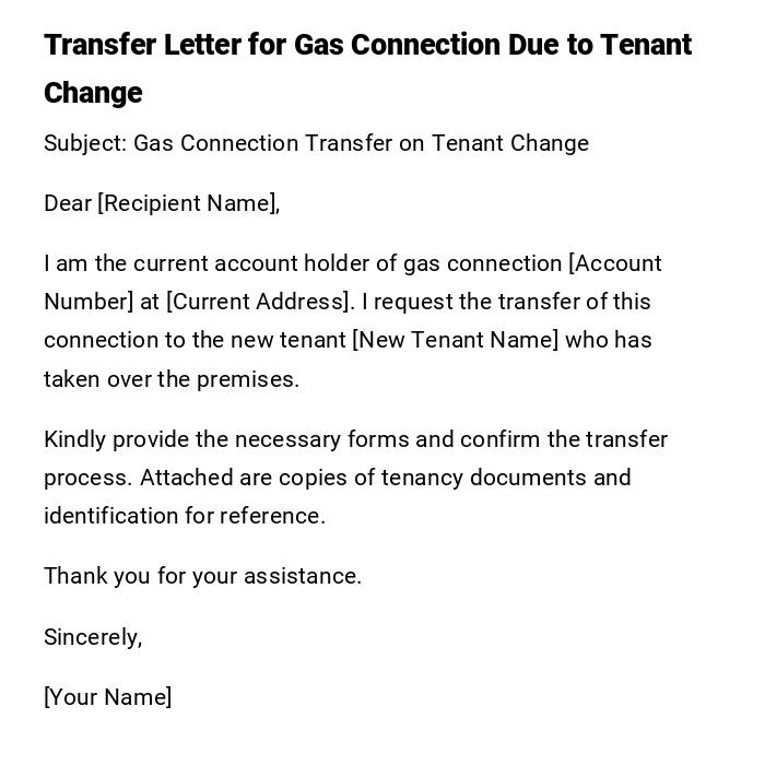 Transfer Letter for Gas Connection Due to Tenant Change