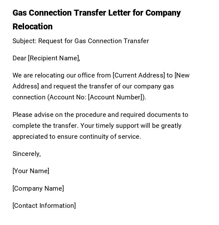 Gas Connection Transfer Letter for Company Relocation