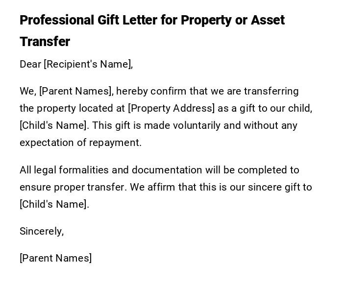 Professional Gift Letter for Property or Asset Transfer