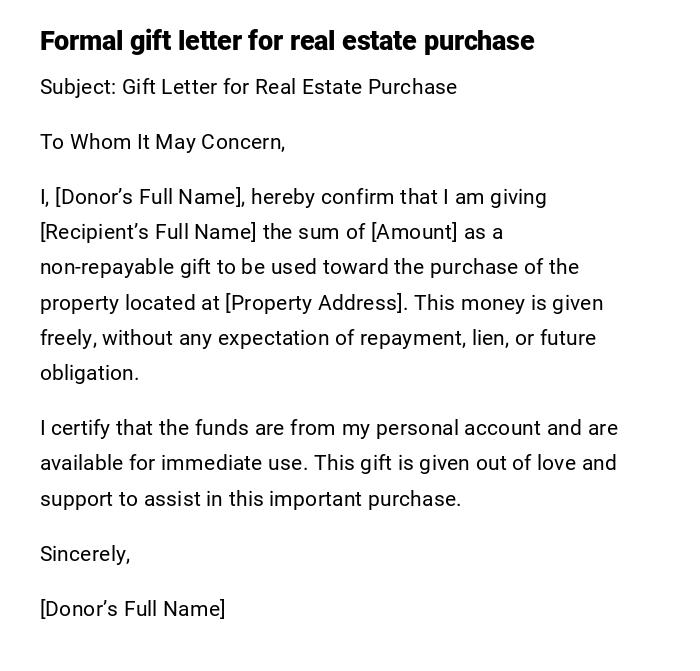 Formal gift letter for real estate purchase