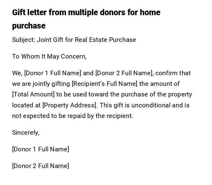 Gift letter from multiple donors for home purchase
