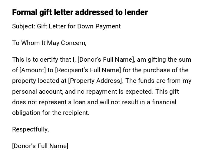 Formal gift letter addressed to lender
