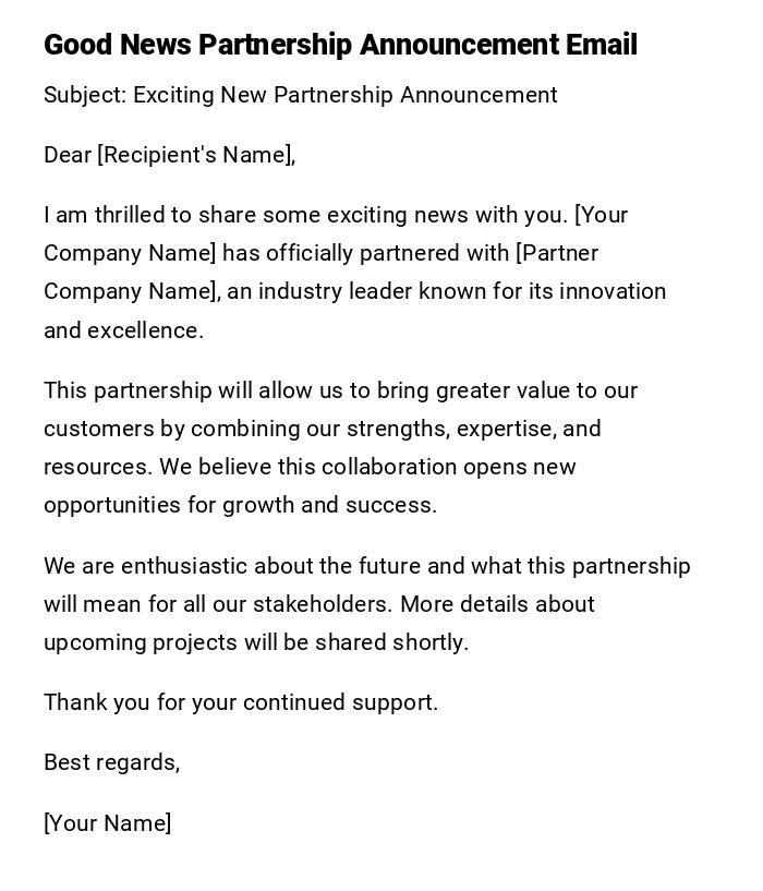 Good News Partnership Announcement Email