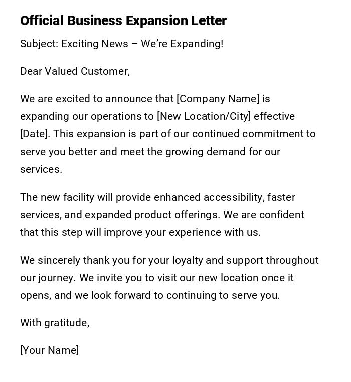 Official Business Expansion Letter