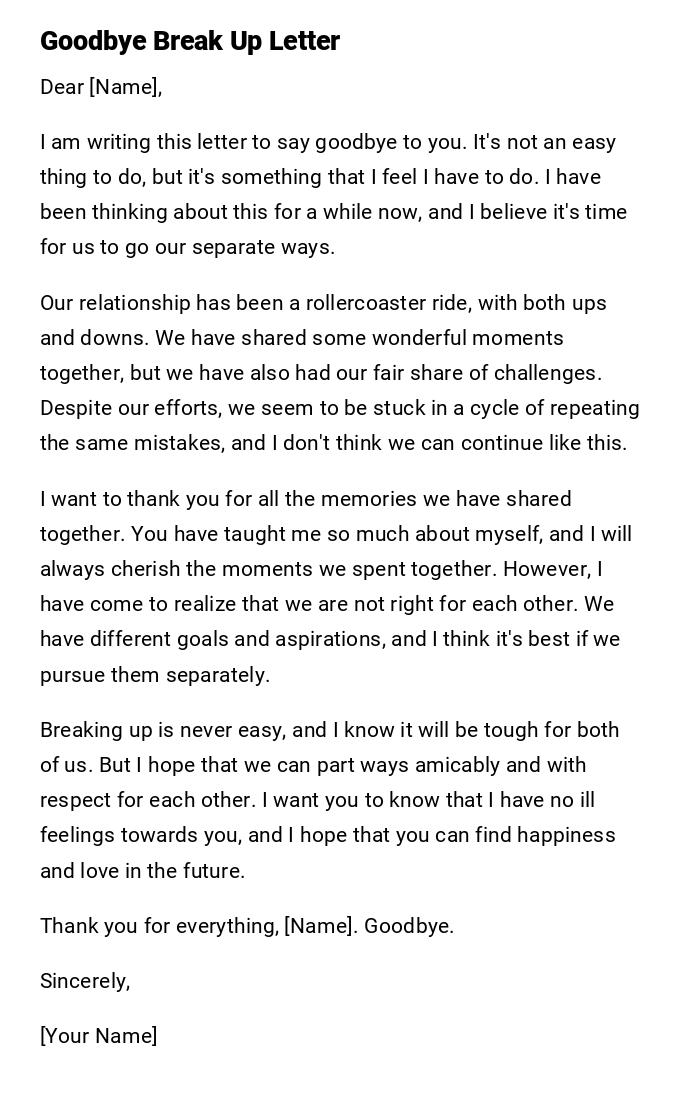 Goodbye Break Up Letter