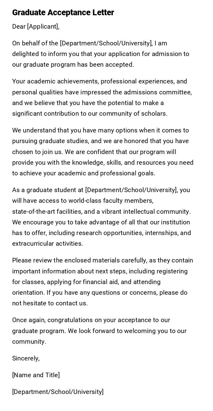 Graduate Acceptance Letter Graduate Acceptance Letter