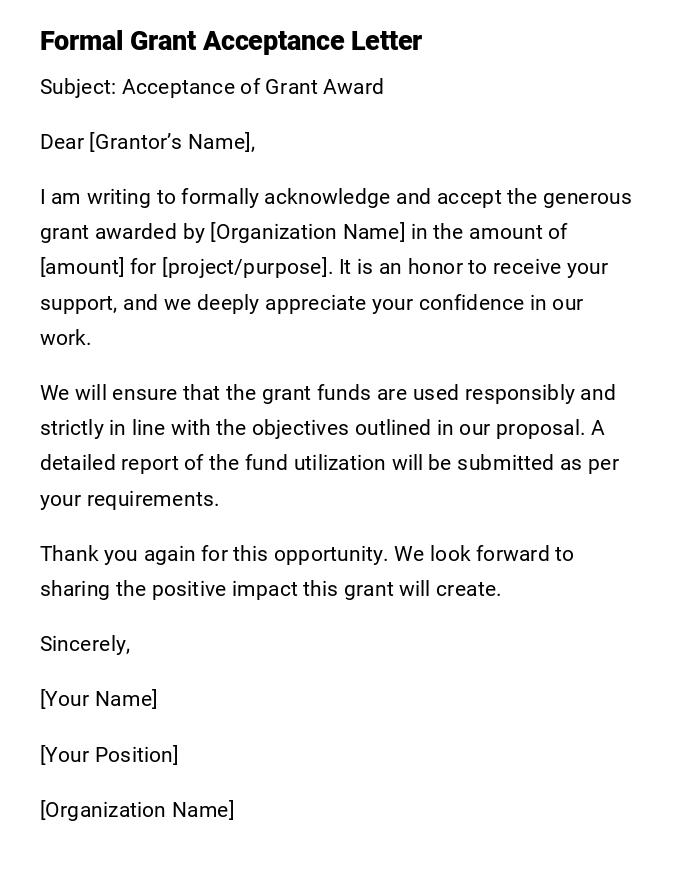 Formal Grant Acceptance Letter