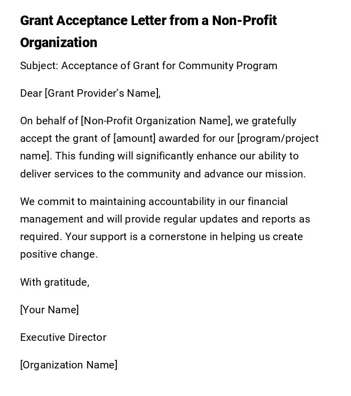 Grant Acceptance Letter from a Non-Profit Organization