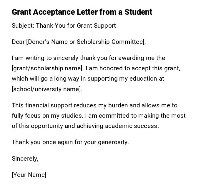 Grant Acceptance Letter from a Student
