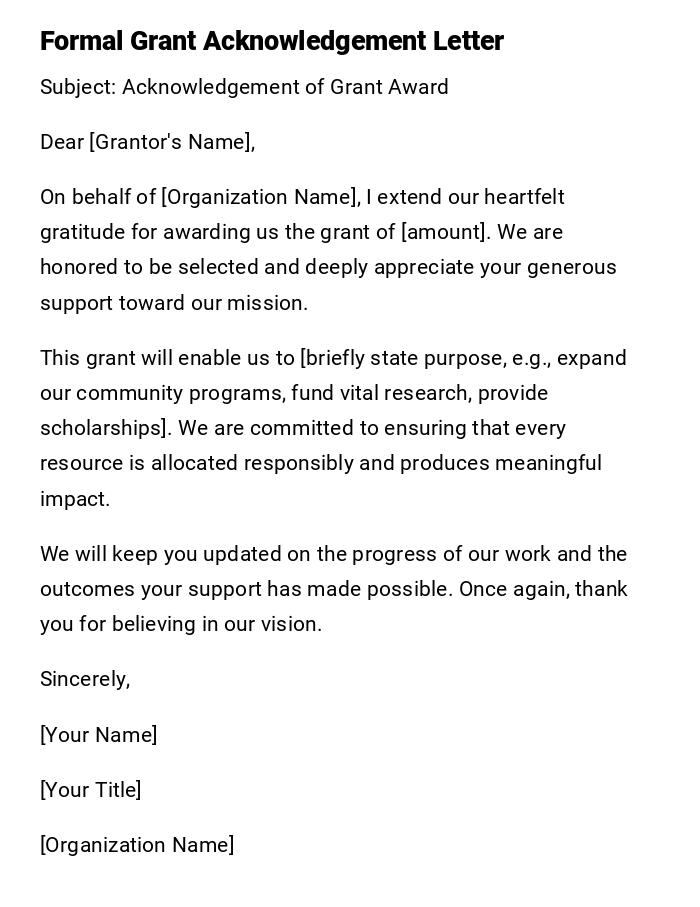 Formal Grant Acknowledgement Letter