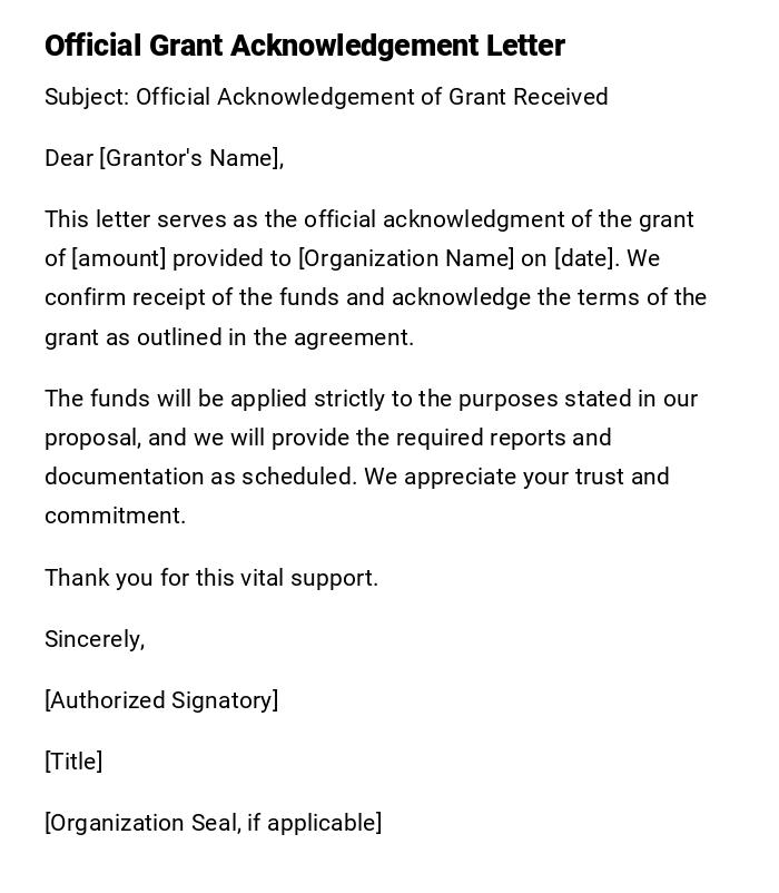 Official Grant Acknowledgement Letter