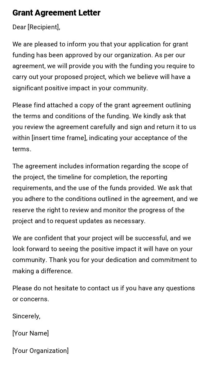 Grant Agreement Letter Grant Agreement Letter