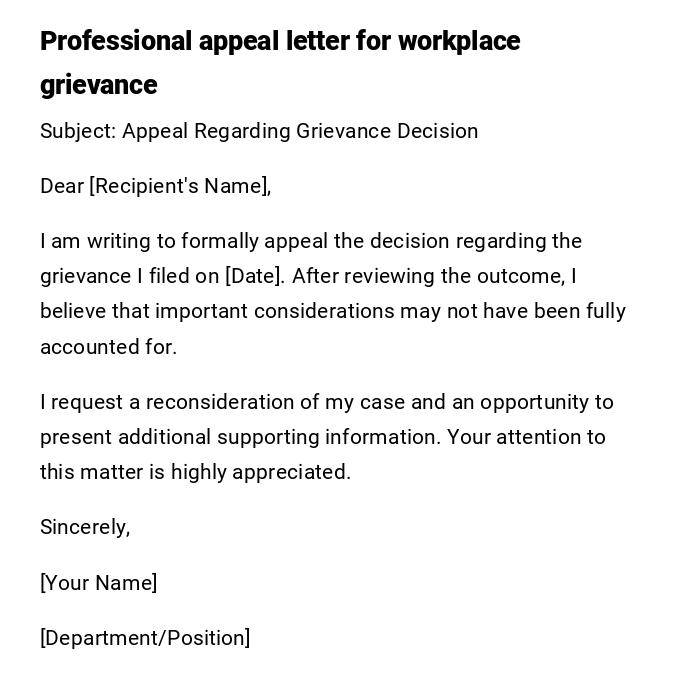 Professional appeal letter for workplace grievance